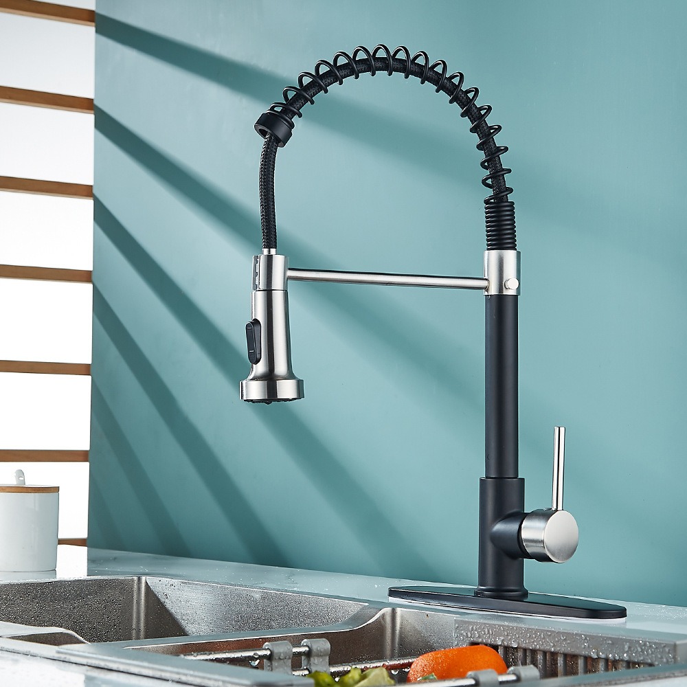 Brushed & Black Single-Mode Commercial Spring Faucet with Deck Plate