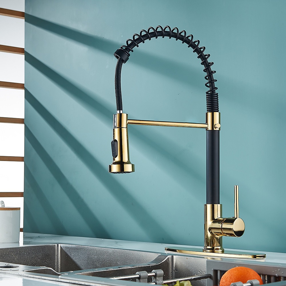 Matte Black & Gold Spring Faucet with Gold Deck Plate